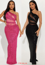 Women see-through mesh sequined sexy backless slash shoulder evening dress Women see-through mesh sequined sexy backless slash shoulder evening dress