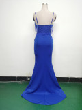 Women lace mesh herringbone Lace-Up beaded Formal Party evening dress
