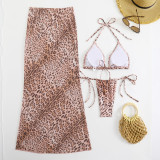 Women Leopard Mesh Skirt Sexy Swimwear  Three-Piece