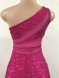 Women see-through mesh sequined sexy backless slash shoulder evening dress