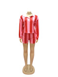 Women Summer Casual Striped Turndown Collar Top and Shorts Two-Piece Set