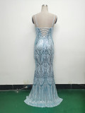 Women beaded sequin fishbone Lace-Up See-Through evening dress