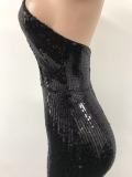Women stand collar block sequined sexy backless evening dress