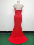 Women lace mesh herringbone Lace-Up beaded Formal Party evening dress