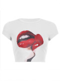 Women Summer Printed Short Sleeve Letter Round Neck Top