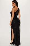 Women see-through mesh sequined sexy backless slash shoulder evening dress