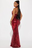 Women stand collar block sequined sexy backless evening dress