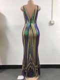 Women contrast sequined backless v-neck sexy dress