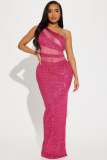 Women see-through mesh sequined sexy backless slash shoulder evening dress