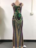 Women contrast sequined backless v-neck sexy dress