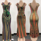Women contrast sequined backless v-neck sexy dress