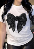 Women Round Neck Short Sleeve Sequin Bow Trend Summer T-shirt