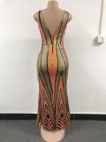 Women contrast sequined backless v-neck sexy dress