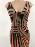 Women contrast sequined backless v-neck sexy dress