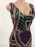 Women contrast sequined backless v-neck sexy dress