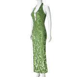 Women Summer Temu Backless Hollow Lace-Up Halter Neck Dress