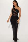 Women see-through mesh sequined sexy backless slash shoulder evening dress