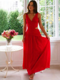 V-Neck Sleeveless Solid Color Patchwork Maxi Dress