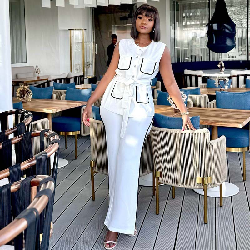Contrast Color Pocket Chic Elegant Belt Vest & Pants African Women's Two-Piece Set