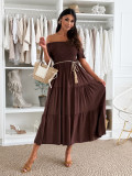 Women's Summer Solid Color Off-Shoulder Sexy Short Sleeve Slim Waist Belt Dress