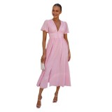 Women's Solid Color V-Neck Long uff Sleeve Maxi Dress