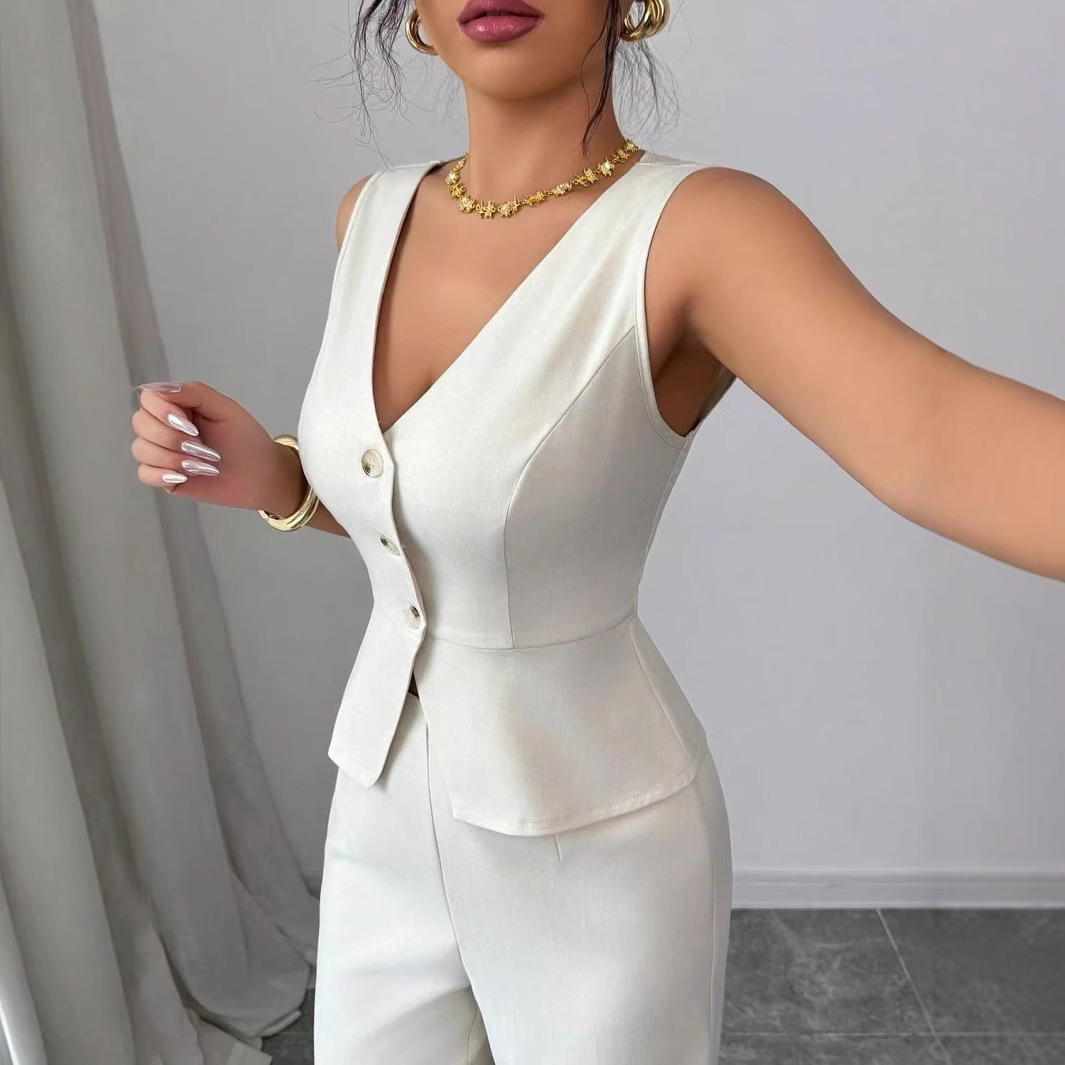 Summer Solid V-Neck Sleeveless Slim Vest High-Waist Trousers Two-Piece Set