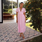 Women's Solid Color V-Neck Long uff Sleeve Maxi Dress