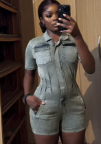 Women's Sexy Slim Turndown Collar Zipper Slim Waist Short Sleeve Denim Jumpsuit Women's Sexy Slim Turndown Collar Zipper Slim Waist Short Sleeve Denim Jumpsuit