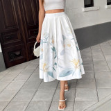 Button-Decorated Holiday Casual Floral Print A-Line Skirt