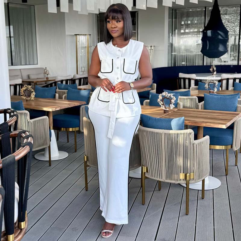 Contrast Color Pocket Chic Elegant Belt Vest & Pants African Women's Two-Piece Set