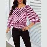Spring Women's Lantern Sleeve Top & Slim Waist Contrast Print Long Sleeve T-Shirt