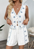 Summer Women's Casual Embroidered Sleeveless Vest Shorts Two-Piece Set