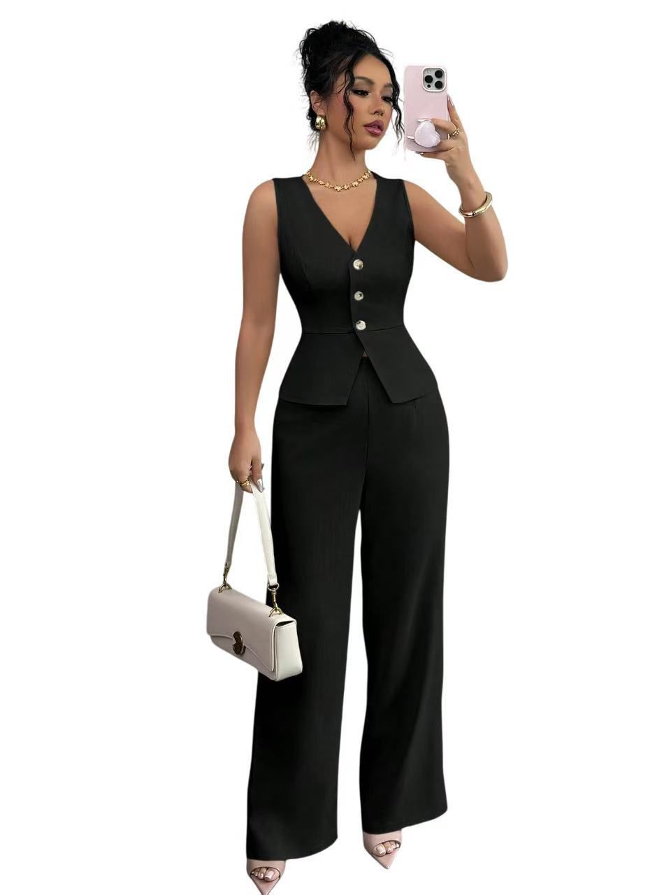 Summer Solid V-Neck Sleeveless Slim Vest High-Waist Trousers Two-Piece Set