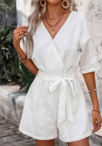 Women's Hollow Embroidery Belt Waist Solid Color Casual Jumpsuit Women's Hollow Embroidery Belt Waist Solid Color Casual Jumpsuit