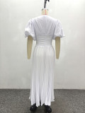African Women's V-Neck Puff Sleeve Lace-Up Slim Waist Solid Color Trendy Pleated Maxi Dress