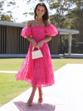 Off-Shoulder Lantern Sleeve Layered Patchwork Maxi Dress