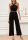 OL Fashion See-Through High-Waist Elastic Knit Low-Back Halter Neck Sleeveless Jumpsuit