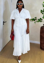 African Women's V-Neck Puff Sleeve Lace-Up Slim Waist Solid Color Trendy Pleated Maxi Dress