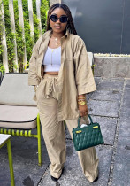 Fashion Women's Solid Color Casual Shirt & Tie Trousers African Two-Piece Summer Set Fashion Women's Solid Color Casual Shirt & Tie Trousers African Two-Piece Summer Set