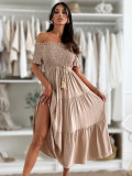 Women's Summer Solid Color Off-Shoulder Sexy Short Sleeve Slim Waist Belt Dress