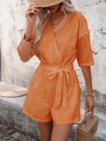 Women's Hollow Embroidery Belt Waist Solid Color Casual Jumpsuit