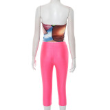 Women's Spring Summer Printed Ring Patchwork Strapless Top & Three-Quarter Pants Set