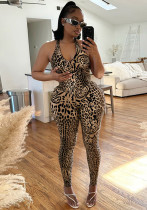 Women's Spring Summer Halter Neck Hollow Low-Back Leopard Print Slim Jumpsuit Women's Spring Summer Halter Neck Hollow Low-Back Leopard Print Slim Jumpsuit