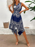 Spring Summer Printed Slim Waist Irregular Shirt Dress