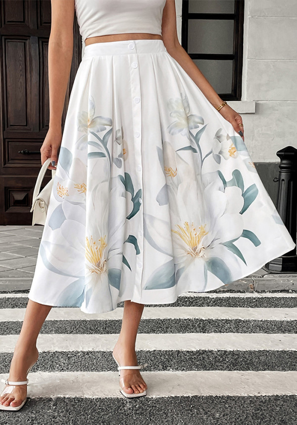 Button-Decorated Holiday Casual Floral Print A-Line Skirt