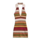 Autumn Sleeveless Slim Sexy Low-Back Halter Neck Knit Mini Dress