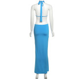 Summer Solid Color Chic Fashion Deep V Halter Neck Low-Back Slim Dress