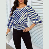 Spring Women's Lantern Sleeve Top & Slim Waist Contrast Print Long Sleeve T-Shirt