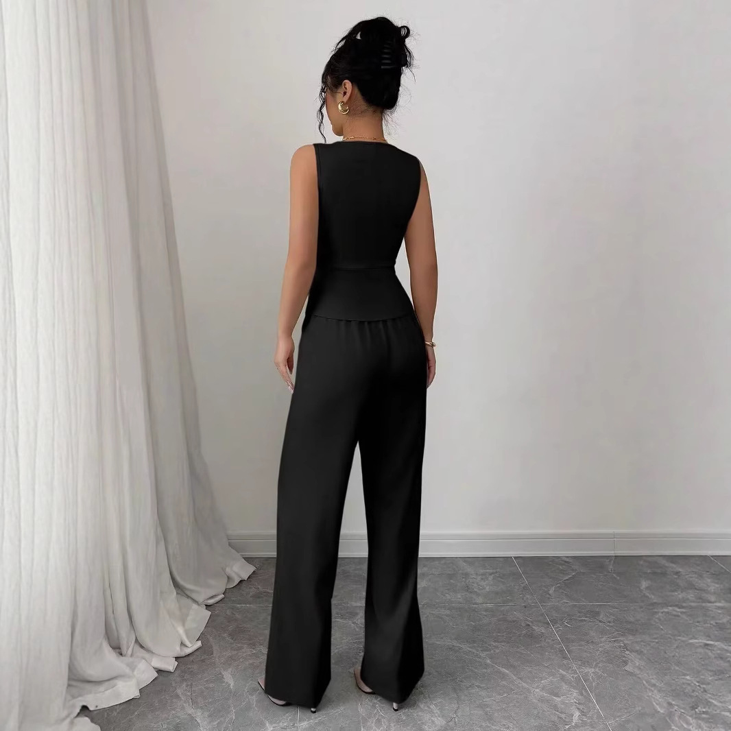 Summer Solid V-Neck Sleeveless Slim Vest High-Waist Trousers Two-Piece Set