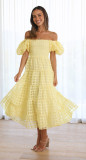 Off-Shoulder Lantern Sleeve Layered Patchwork Maxi Dress